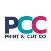 The logo for 'PCC Print & Cut Co' features three large overlapping letters 'P', 'C', and 'C' in navy blue, teal, and magenta, with the text 'PRINT & CUT CO' written underneath in navy blue on a solid white background.